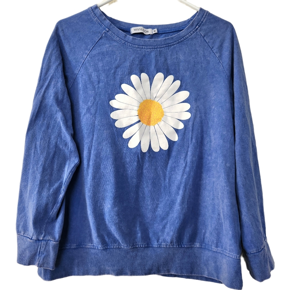 🔥Stonewash Blue Floral Women's Daisy Print Knit Top Sweatshirt Size M